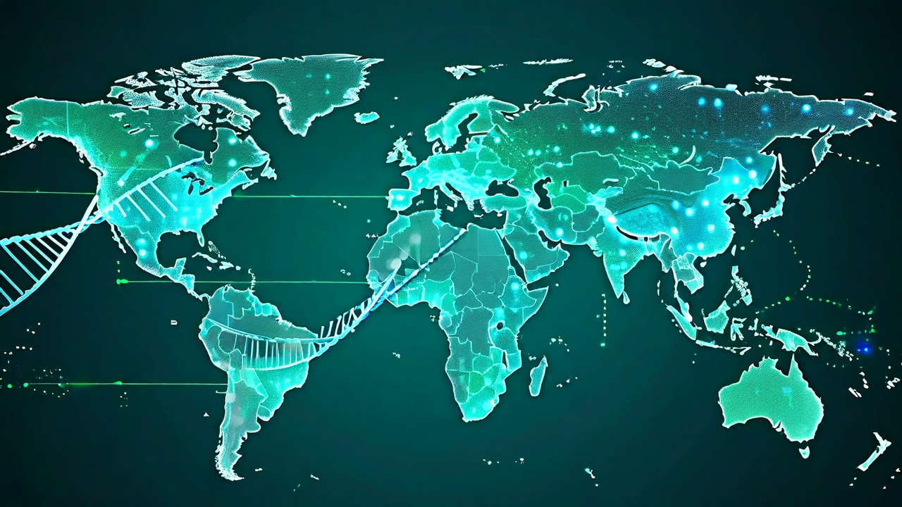 world map with DNA helix split graphic