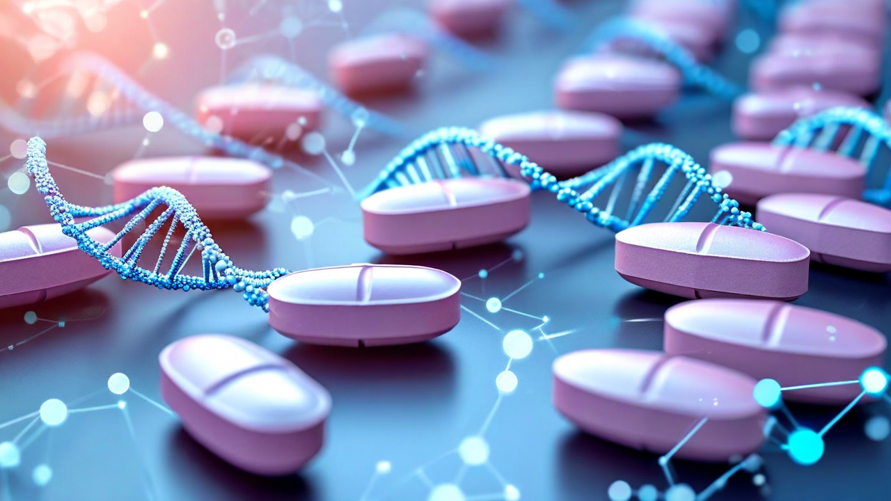 medication pills with DNA strand overlay