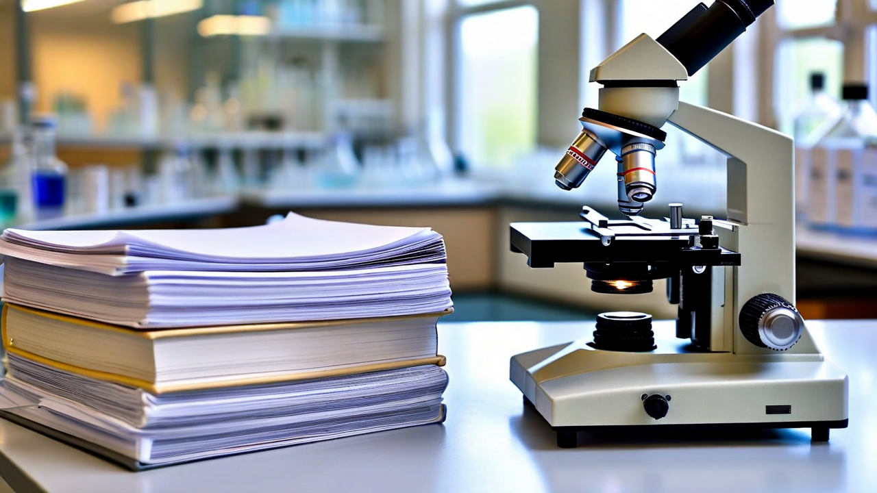 scientific journals and research papers with microscope