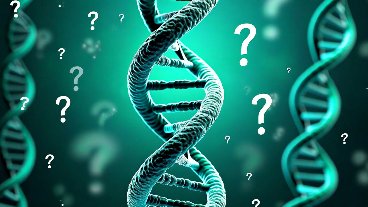DNA double helix with question marks